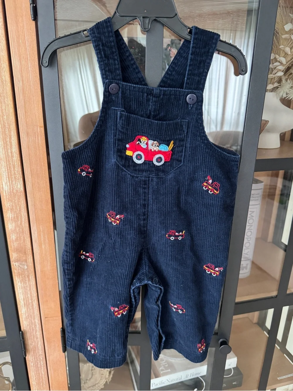 Vintage embroidered baby overalls corduroy navy fire trucks puppy dogs boy